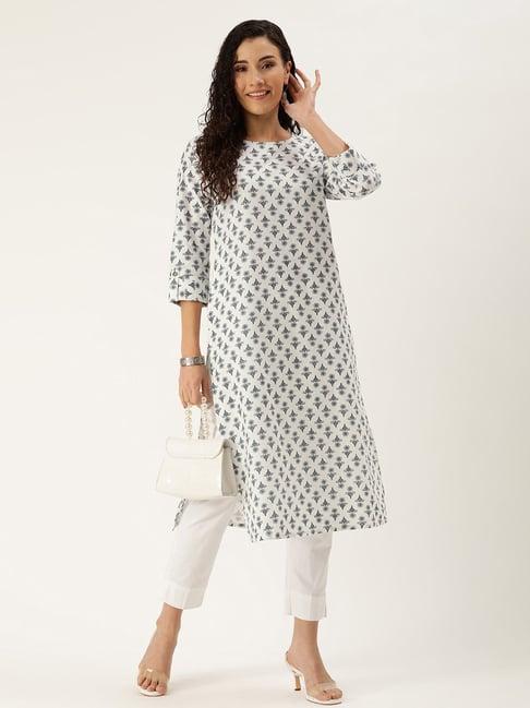 amukti white cotton floral print straight kurta