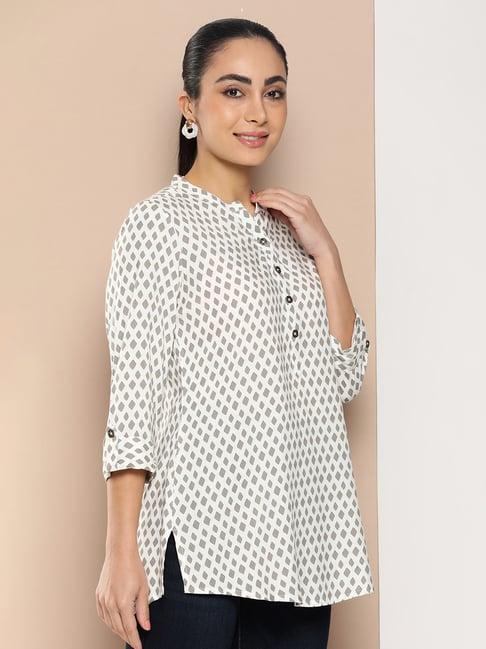 amukti white cotton geometric print tunic