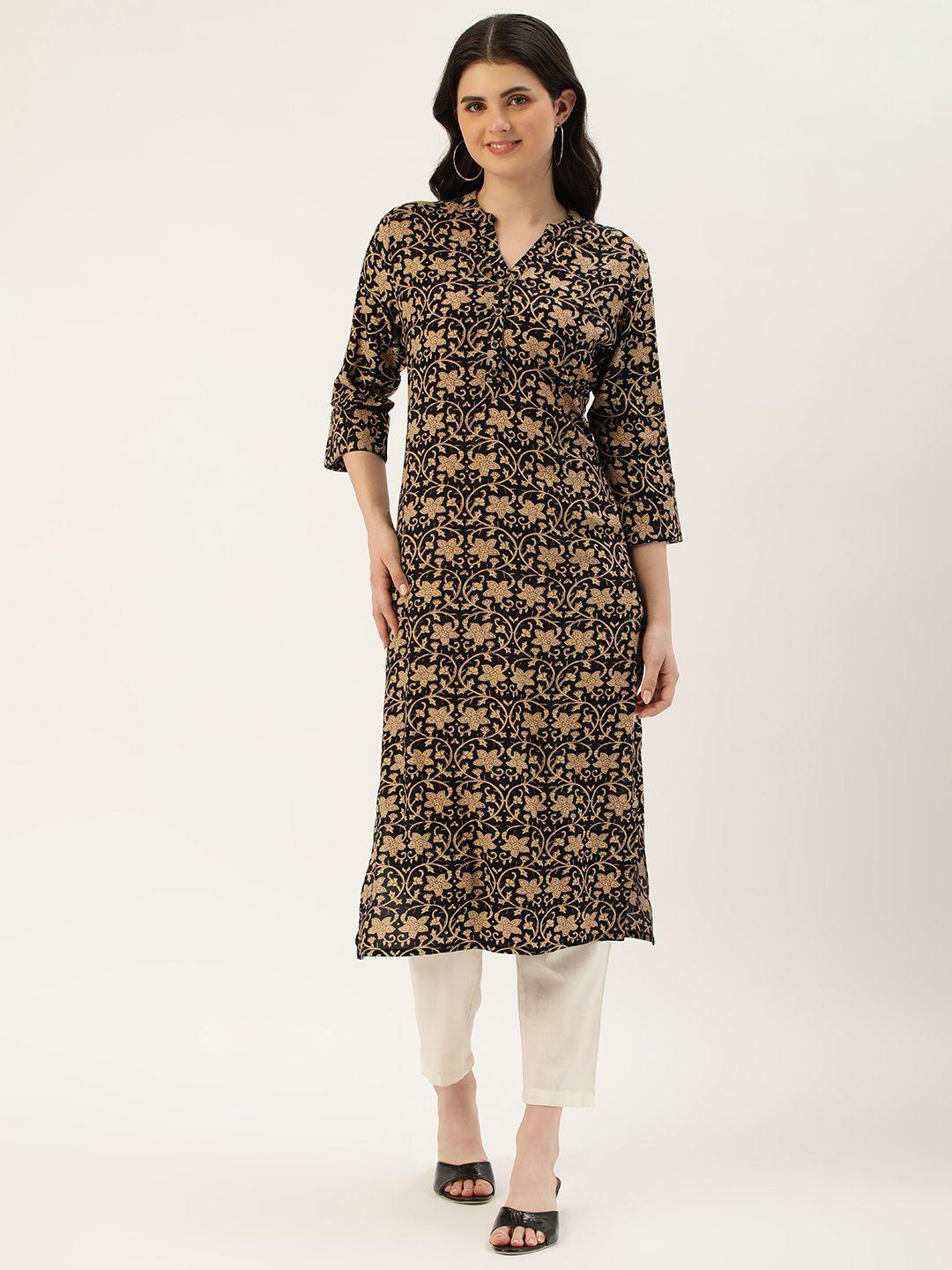 amukti women black & brown floral printed kurta