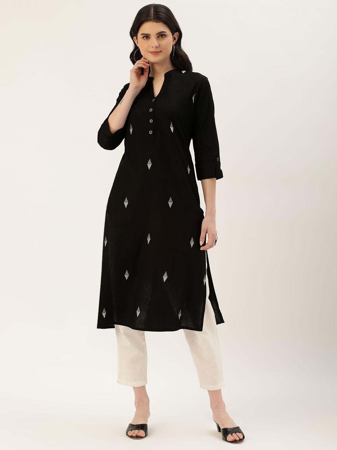 amukti women black geometric embroidered kurta