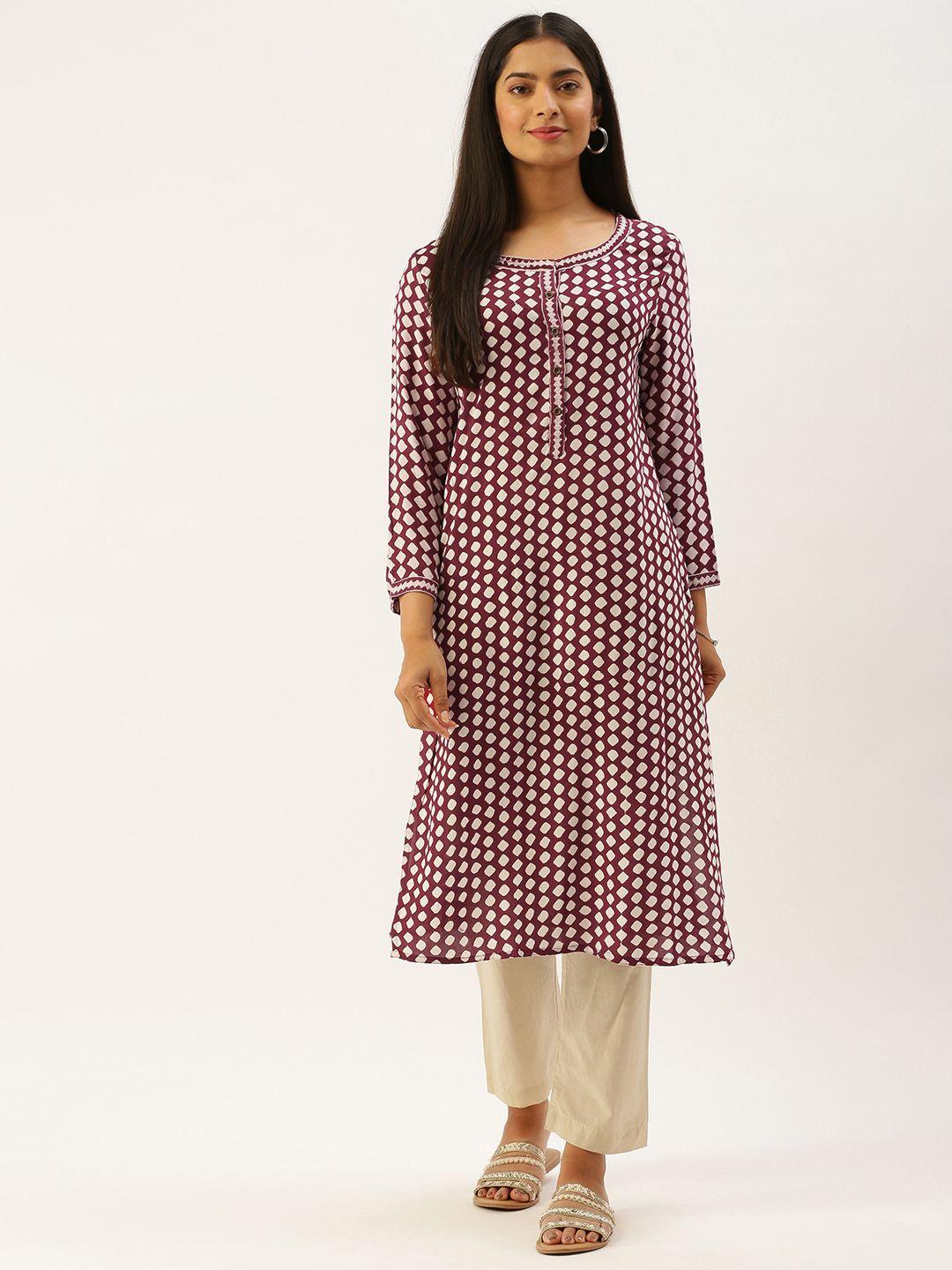 amukti women maroon & off-white geometric print kurta