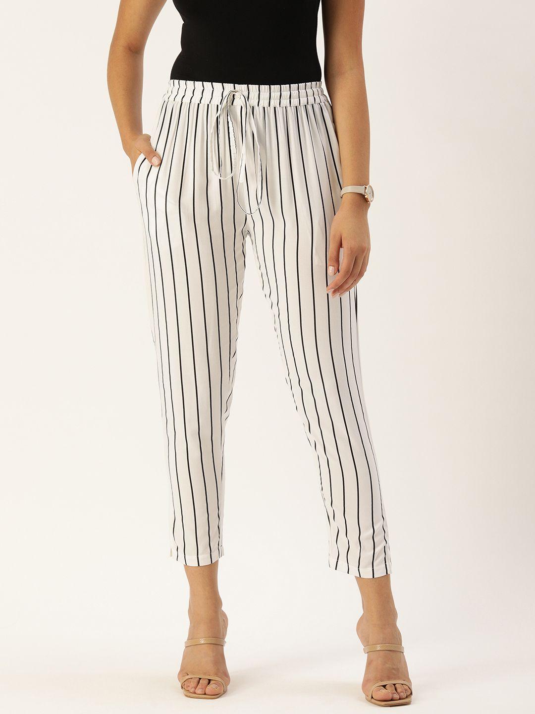 amukti women white & black striped cropped trousers