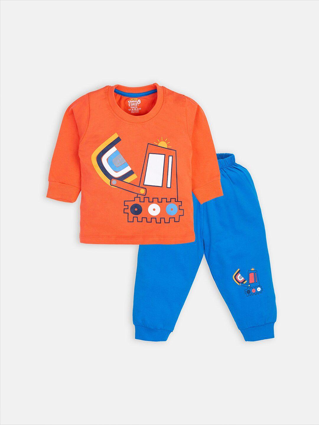 amul kandyfloss kids orange & blue printed pure cotton t-shirt with trousers
