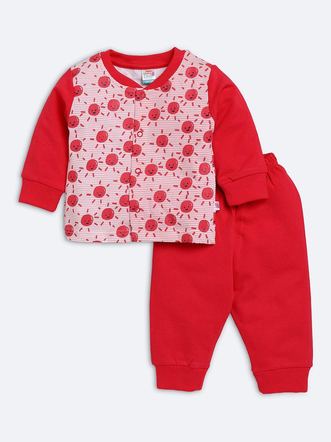 amul kandyfloss unisex kids red & white pure cotton printed clothing set set