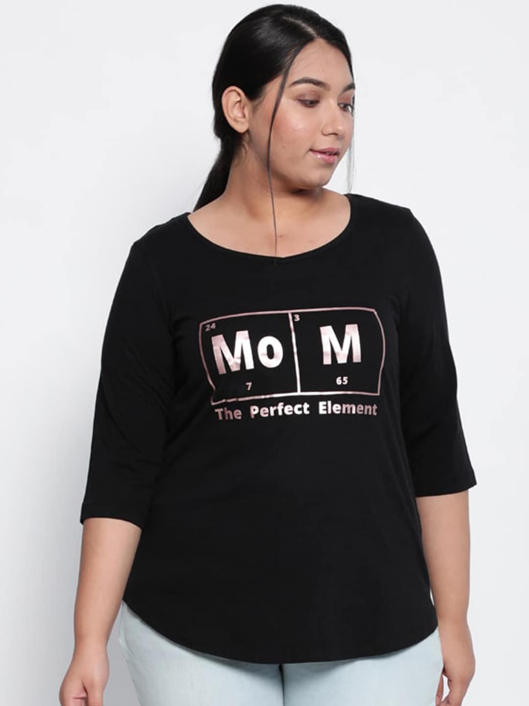 amydus women cotton  plus size black typography printed applique t-shirt
