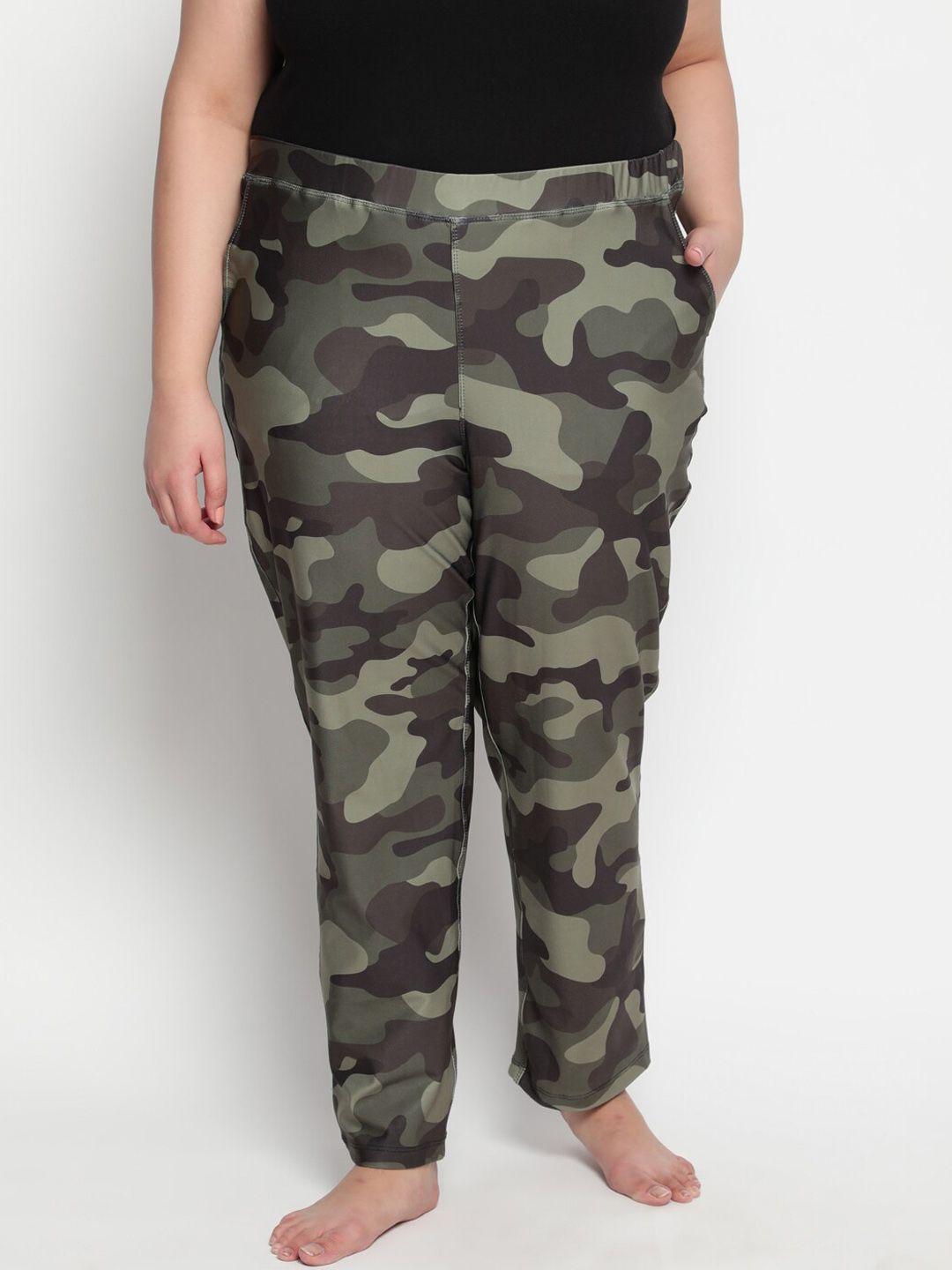 amydus women olive-green camouflage printed straight-fit plus size lounge pants
