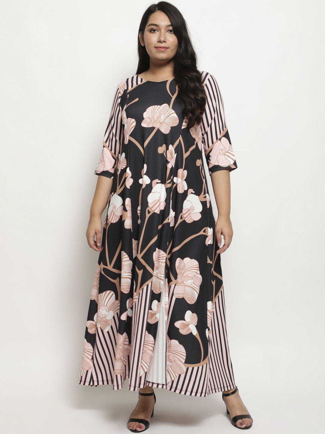 amydus women plus size black & peach-coloured floral maxi slit dress