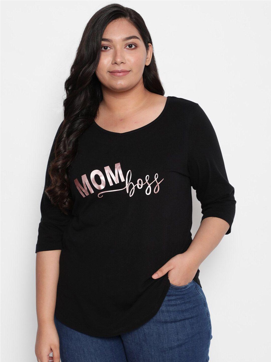 amydus women plus size black & pink typography printed v-neck cotton t-shirt