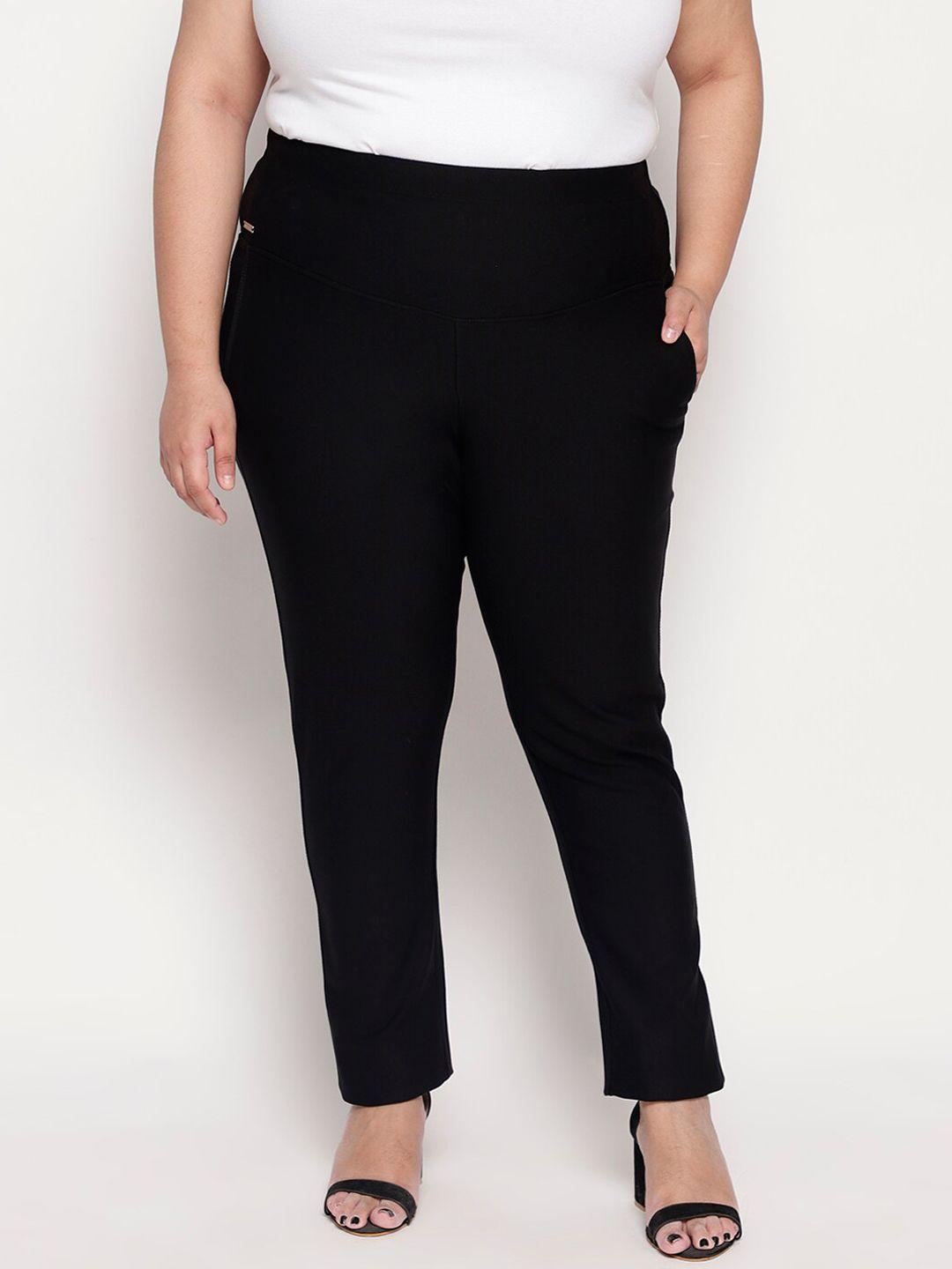 amydus women plus size black slim fit solid formal trousers