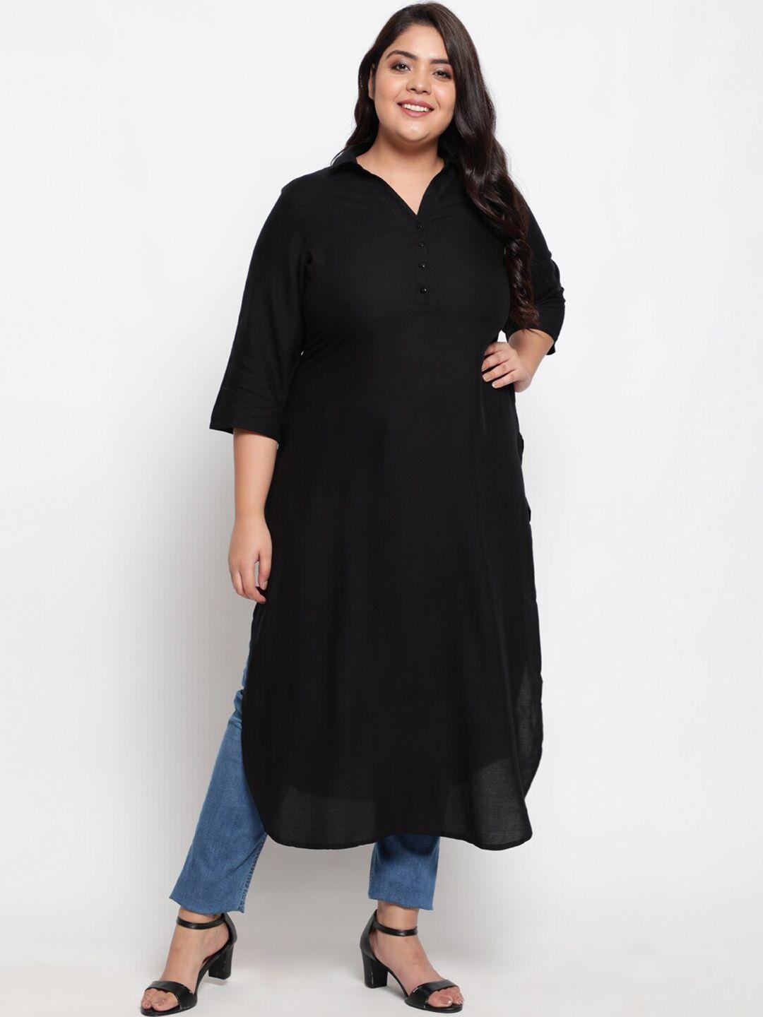amydus women plus size black solid shirt collar pathani kurta