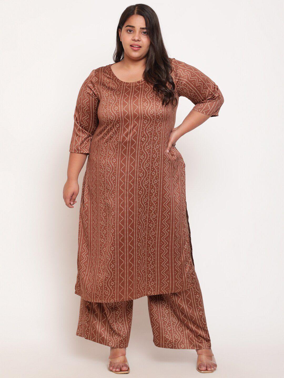 amydus women plus size brown & white bandhani printed kurta