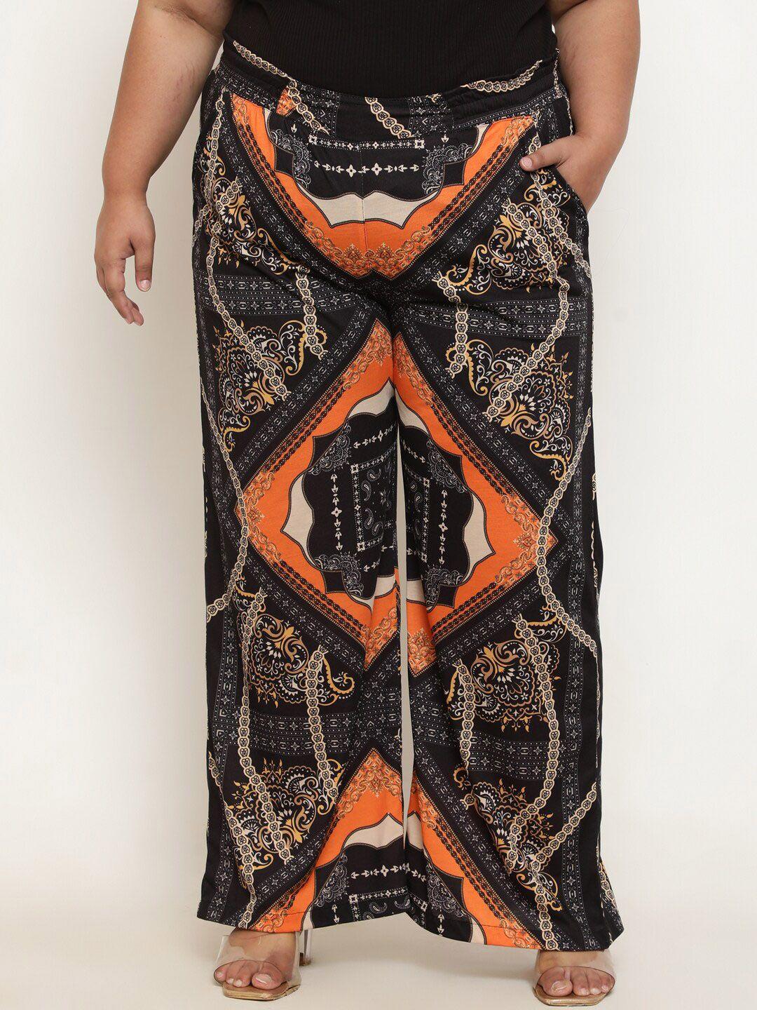 amydus women plus size ethnic motifs printed flared high-rise parallel trousers