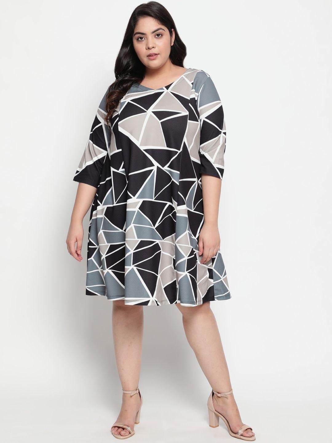 amydus women plus size grey & black printed fit and flare dress