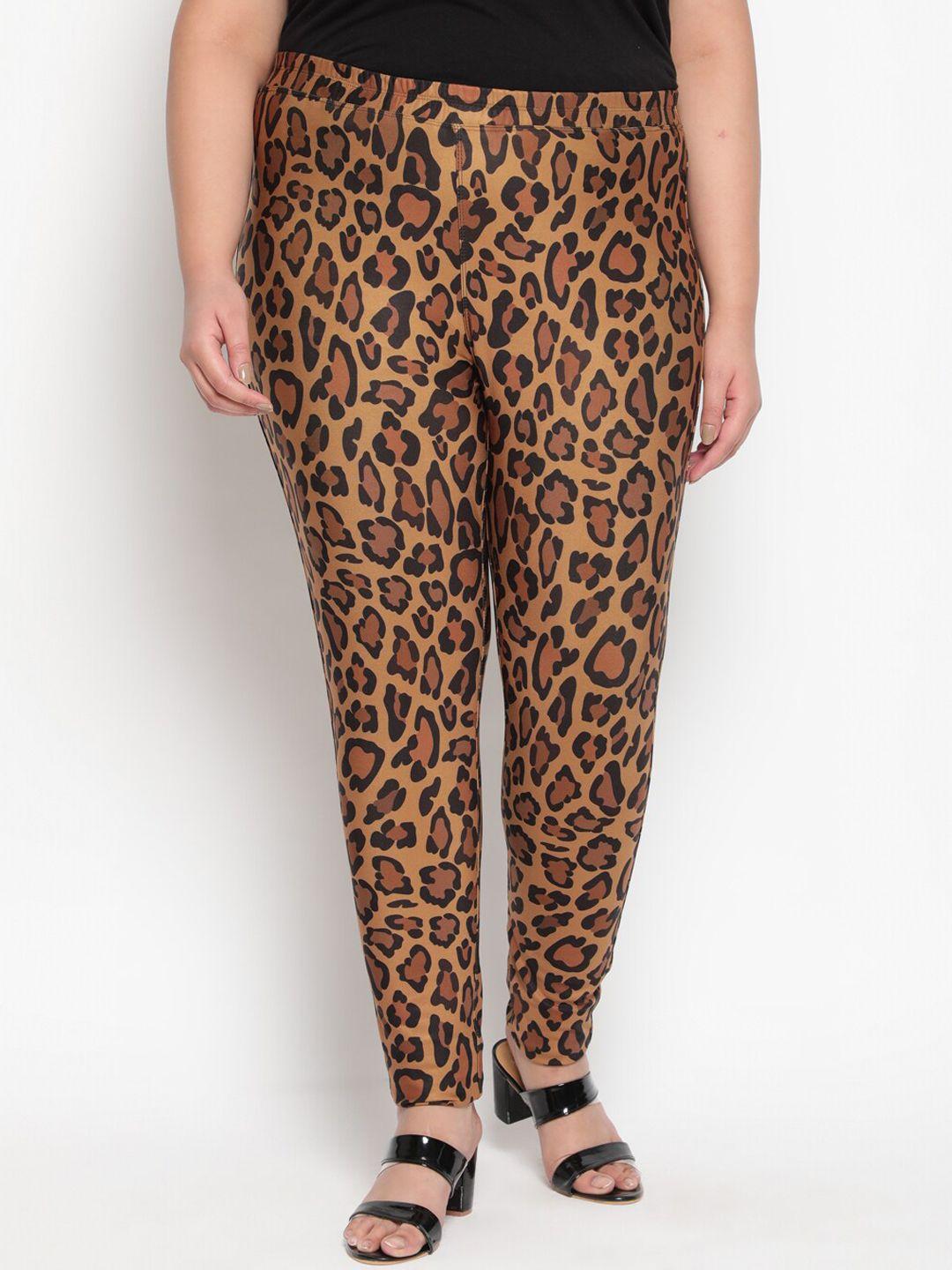 amydus women plus size mustard yellow & black leopard printed fleece ankle-length leggings