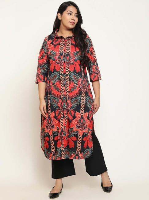 amydus black & red floral print straight front open kurta