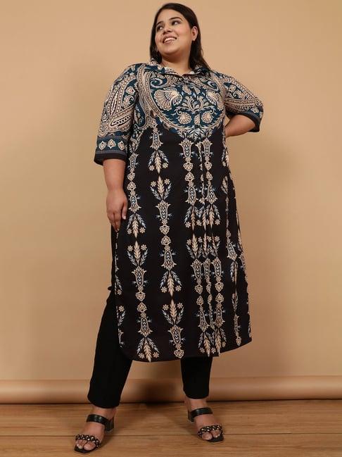 amydus black floral print kurta