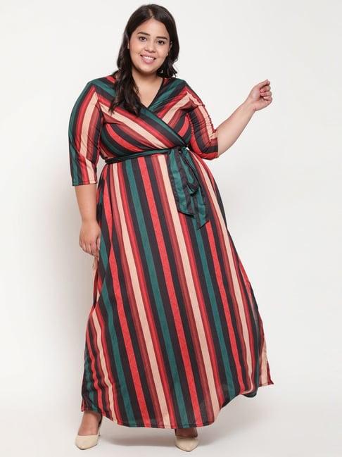 amydus green & red striped wrap maxi dress