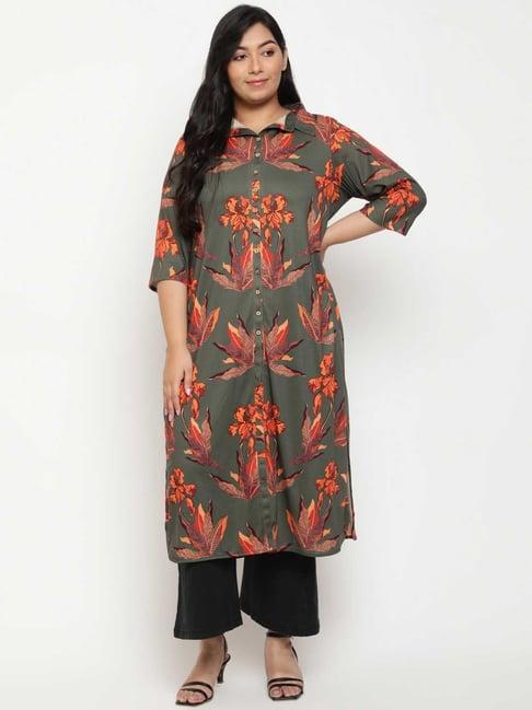 amydus olive floral print straight front open kurta