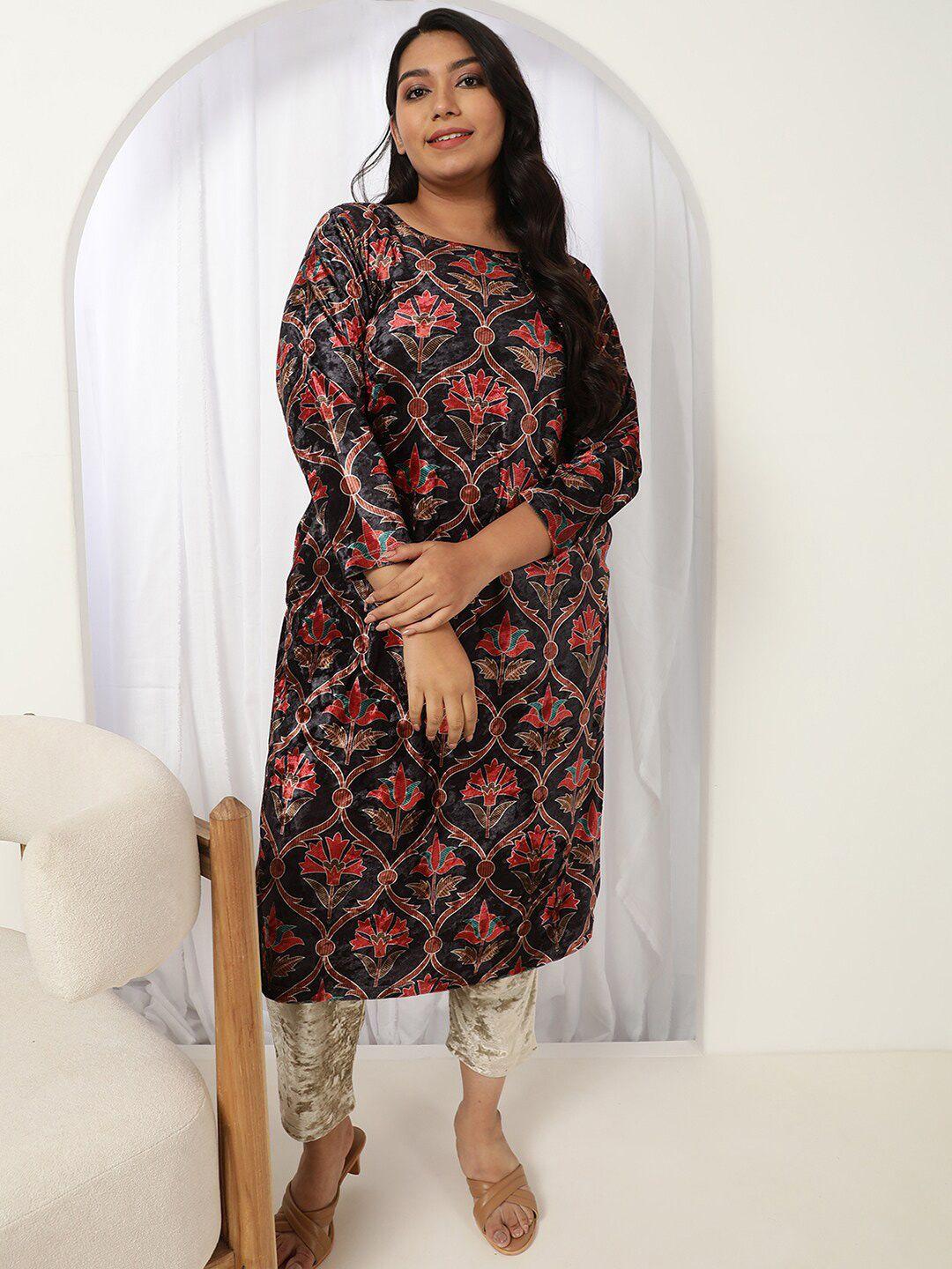 amydus plus size ethnic motifs printed boat neck velvet kurta