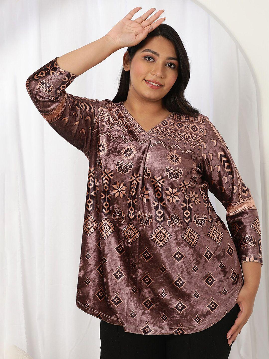 amydus plus size ethnic motifs printed v-neck velvet high-low top