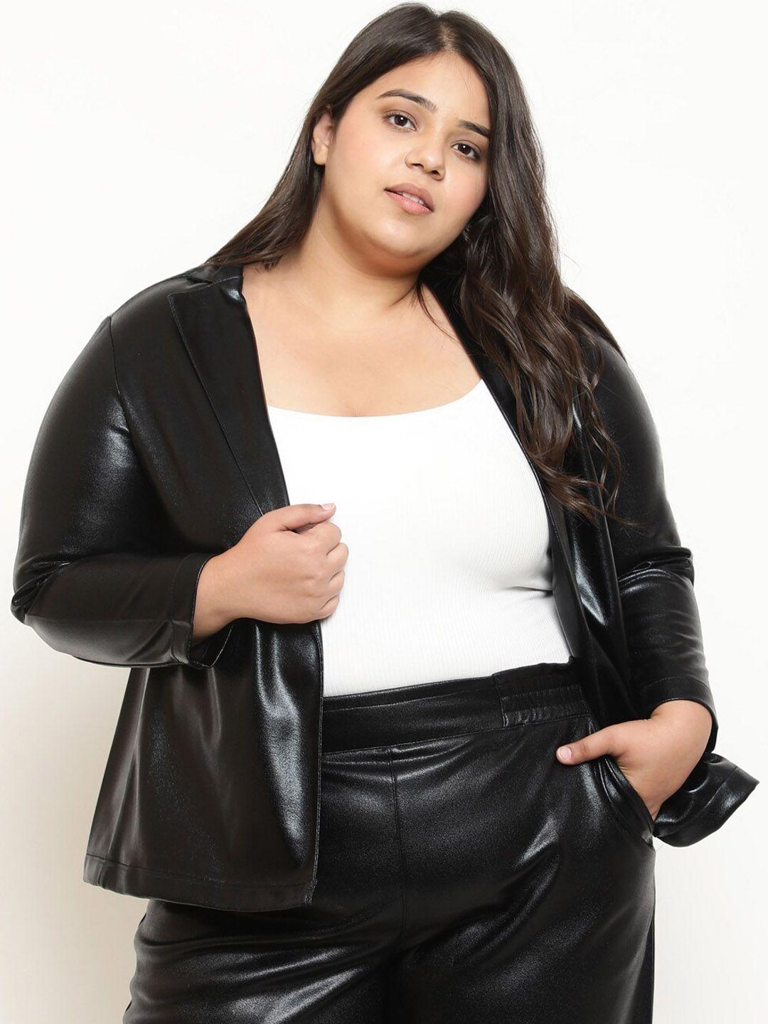 amydus plus size notched lapel open front leather blazers