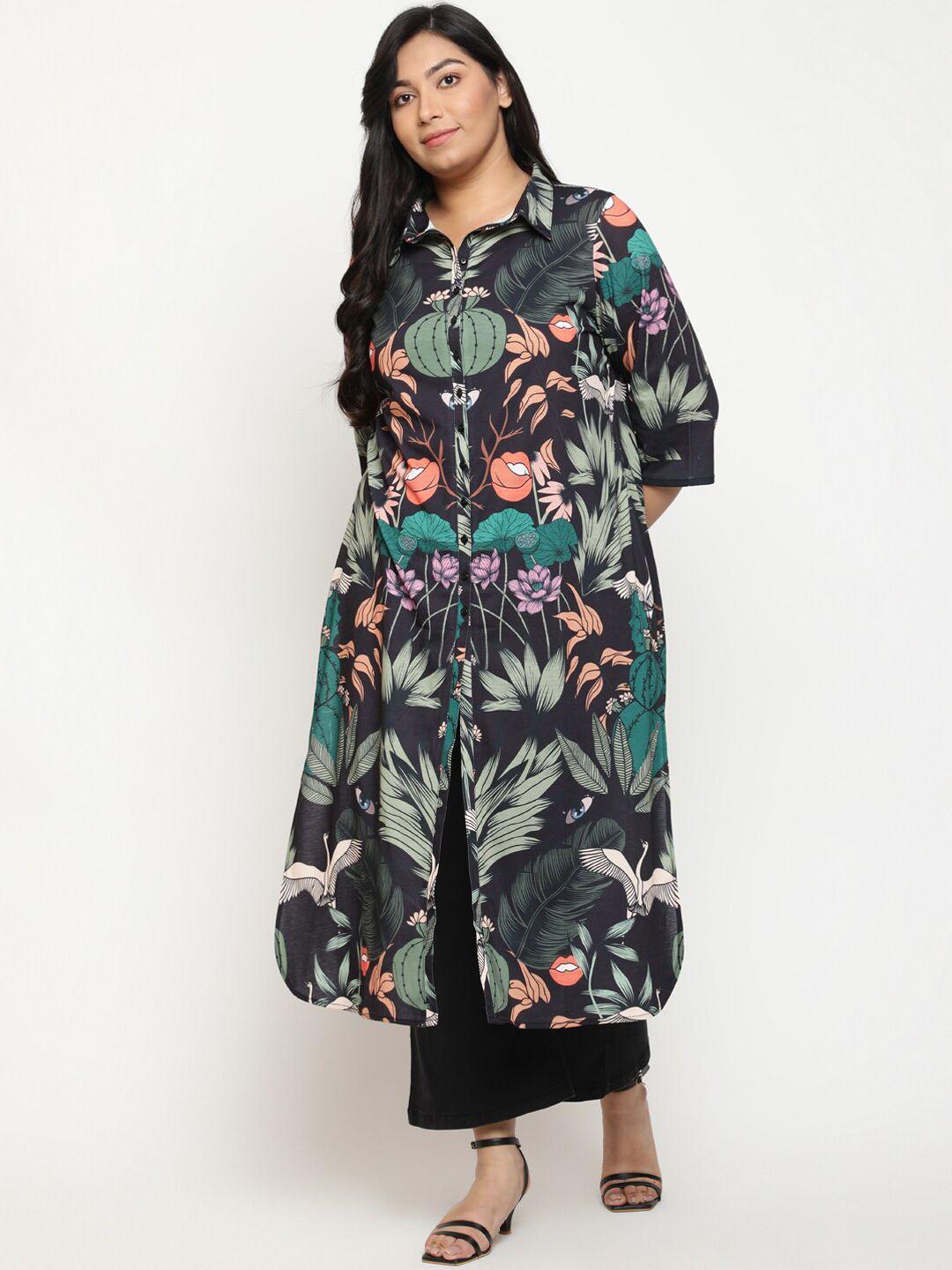 amydus plus size quirky printed shirt collar curved kurta