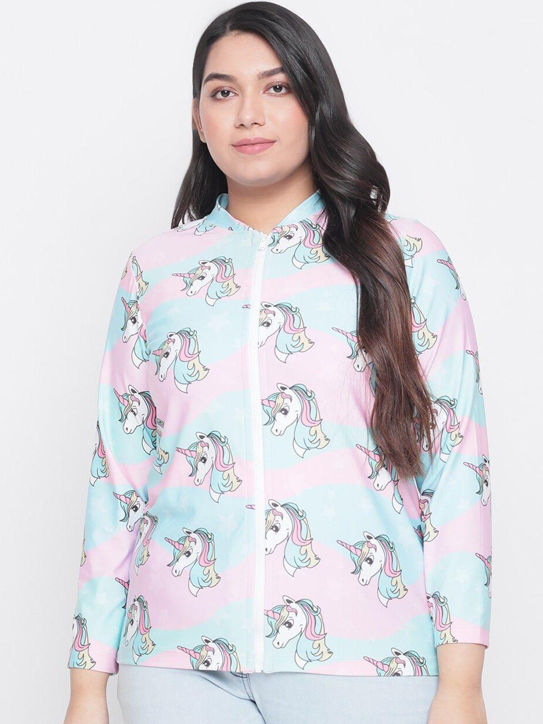 amydus plus size unicorn printed mock collar lightweight bomber jacket