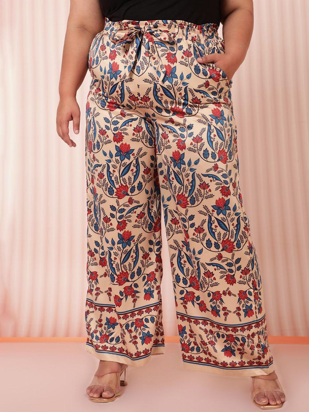 amydus plus size women beige floral printed trousers