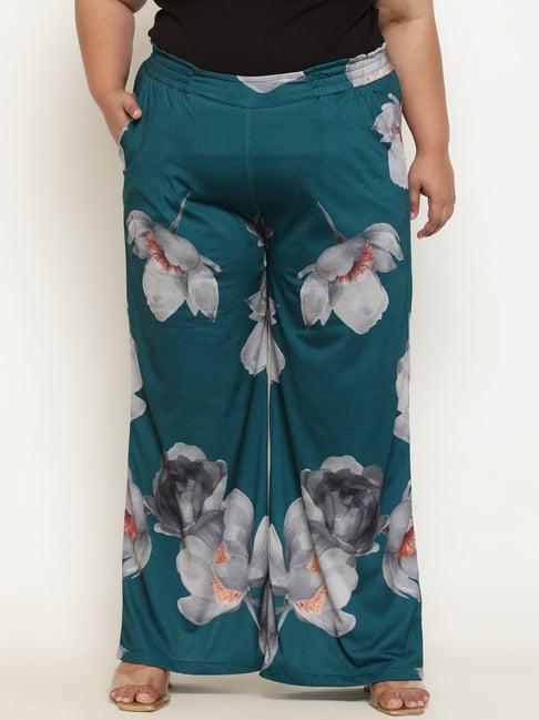 amydus teal green printed flared fit high rise pants