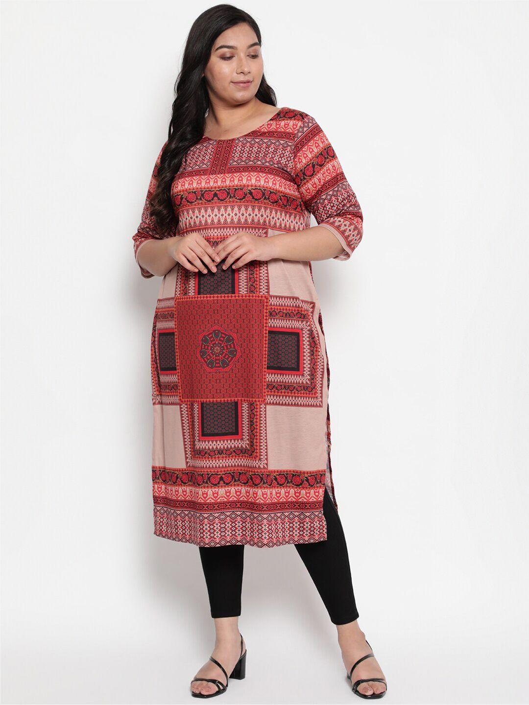 amydus women plus size beige & red geometric printed kurta