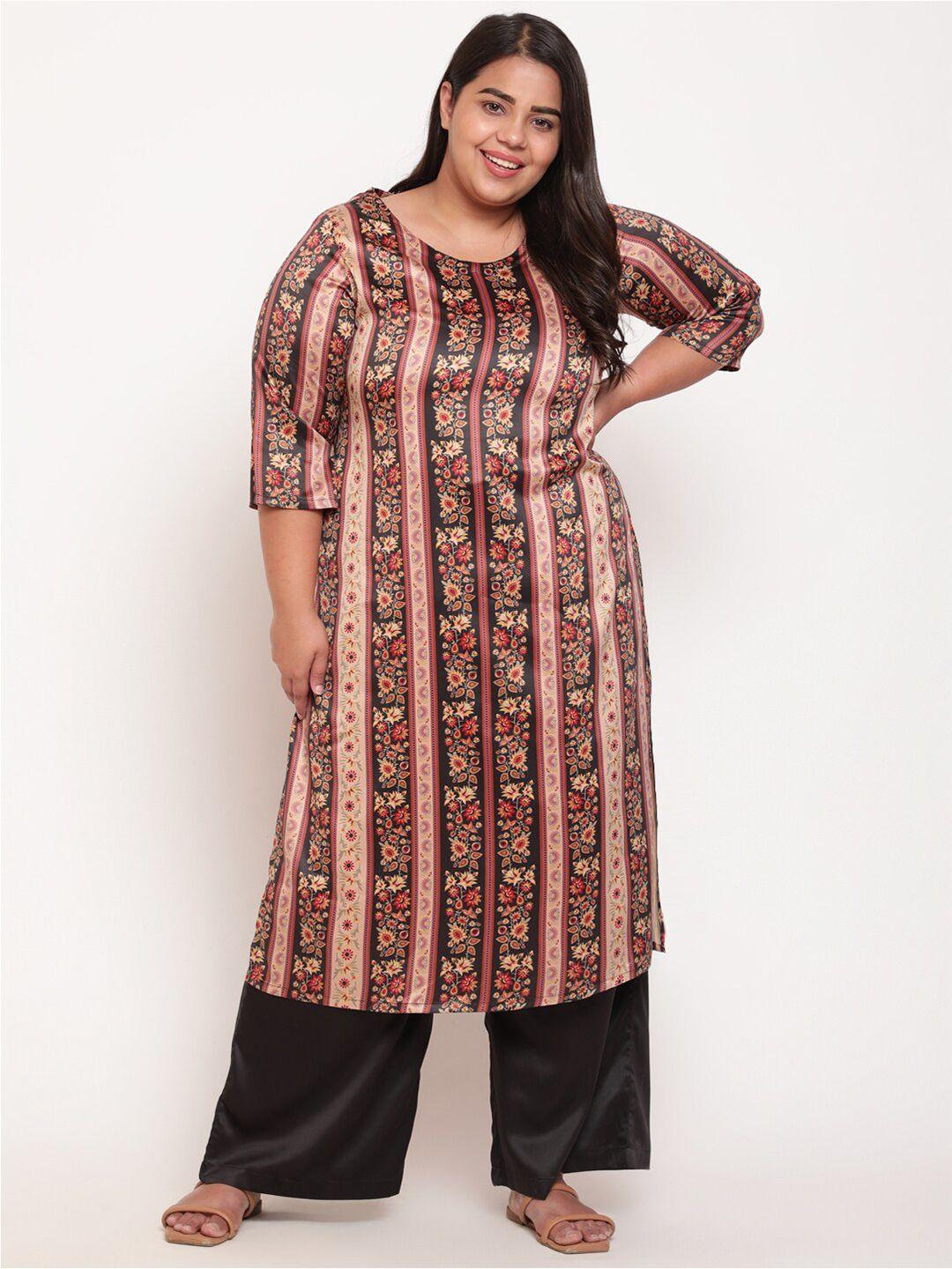 amydus women plus size black & beige floral printed floral kurta