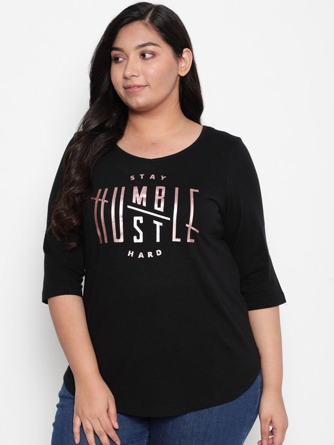 amydus women plus size black & golden typography printed t-shirt