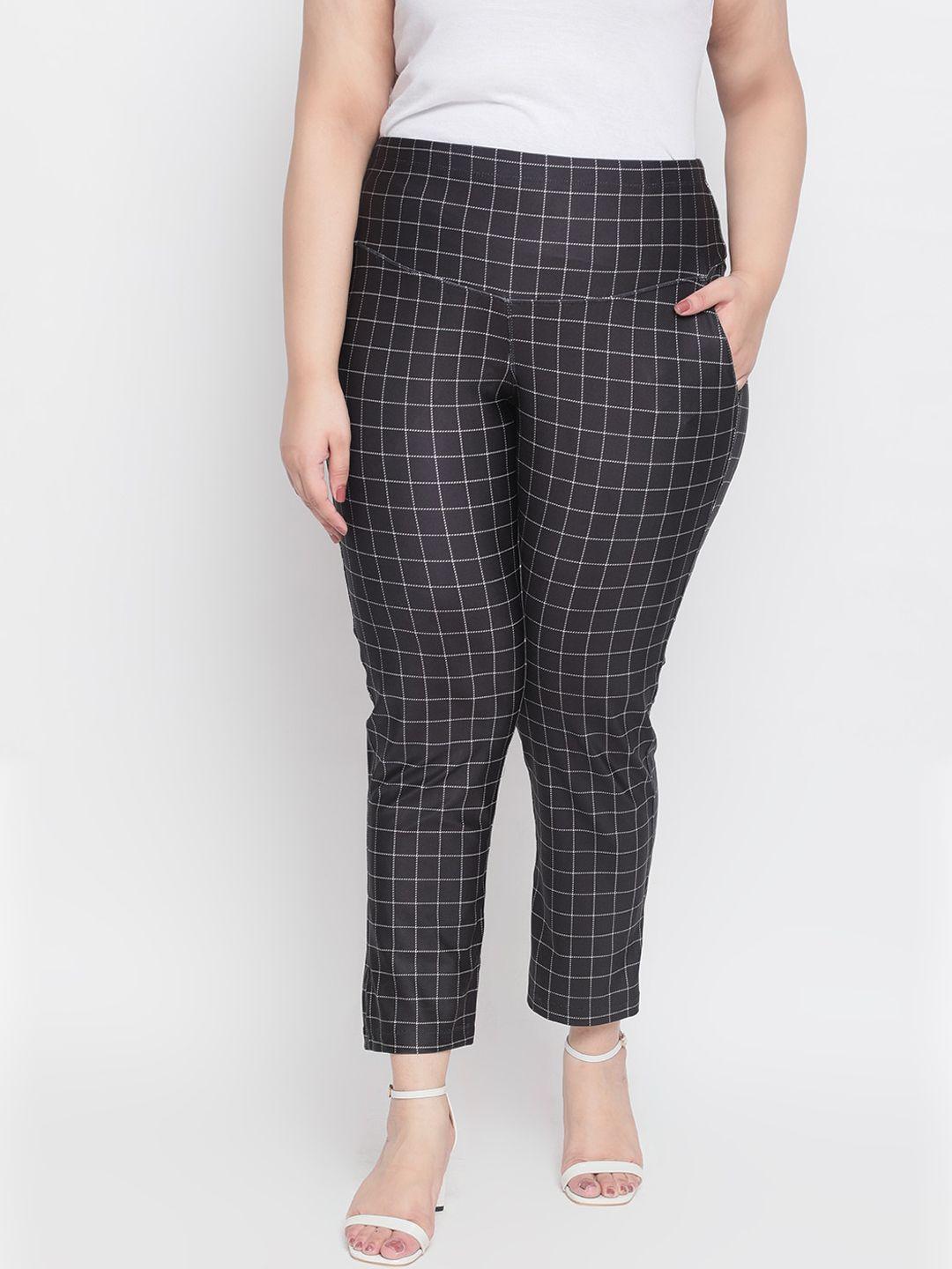 amydus women plus size black & off-white regular fit checked tummy shaper regular trousers