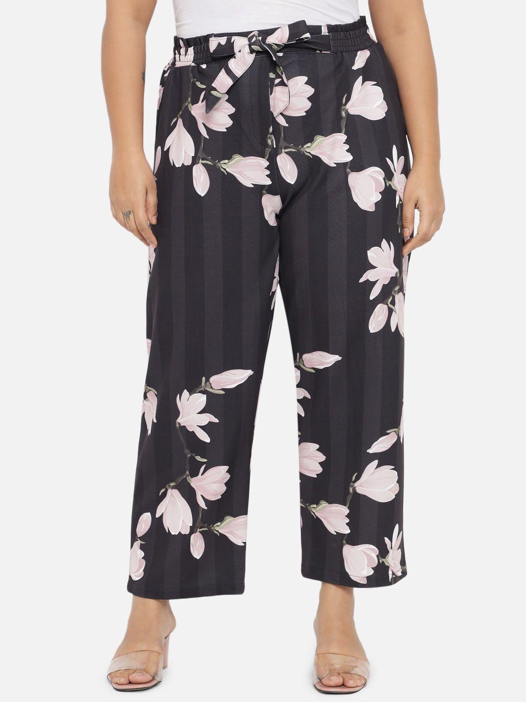 amydus women plus size black floral printed trousers