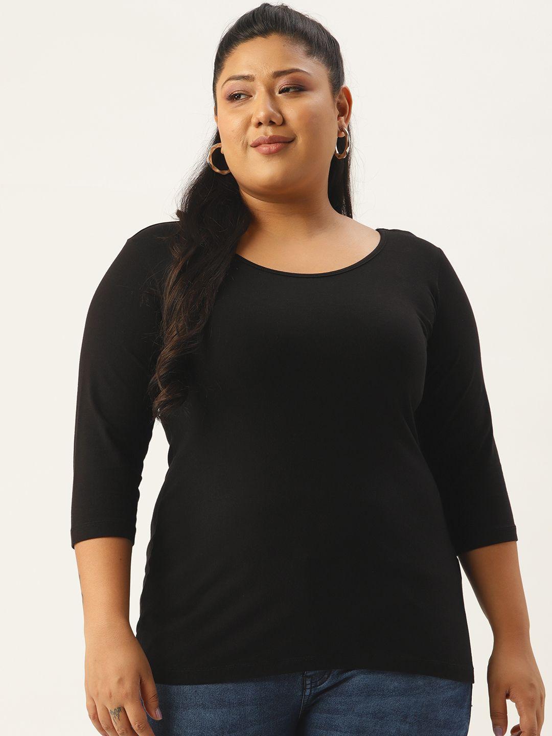 amydus women plus size black solid round neck three-quarter regular fit  t-shirt