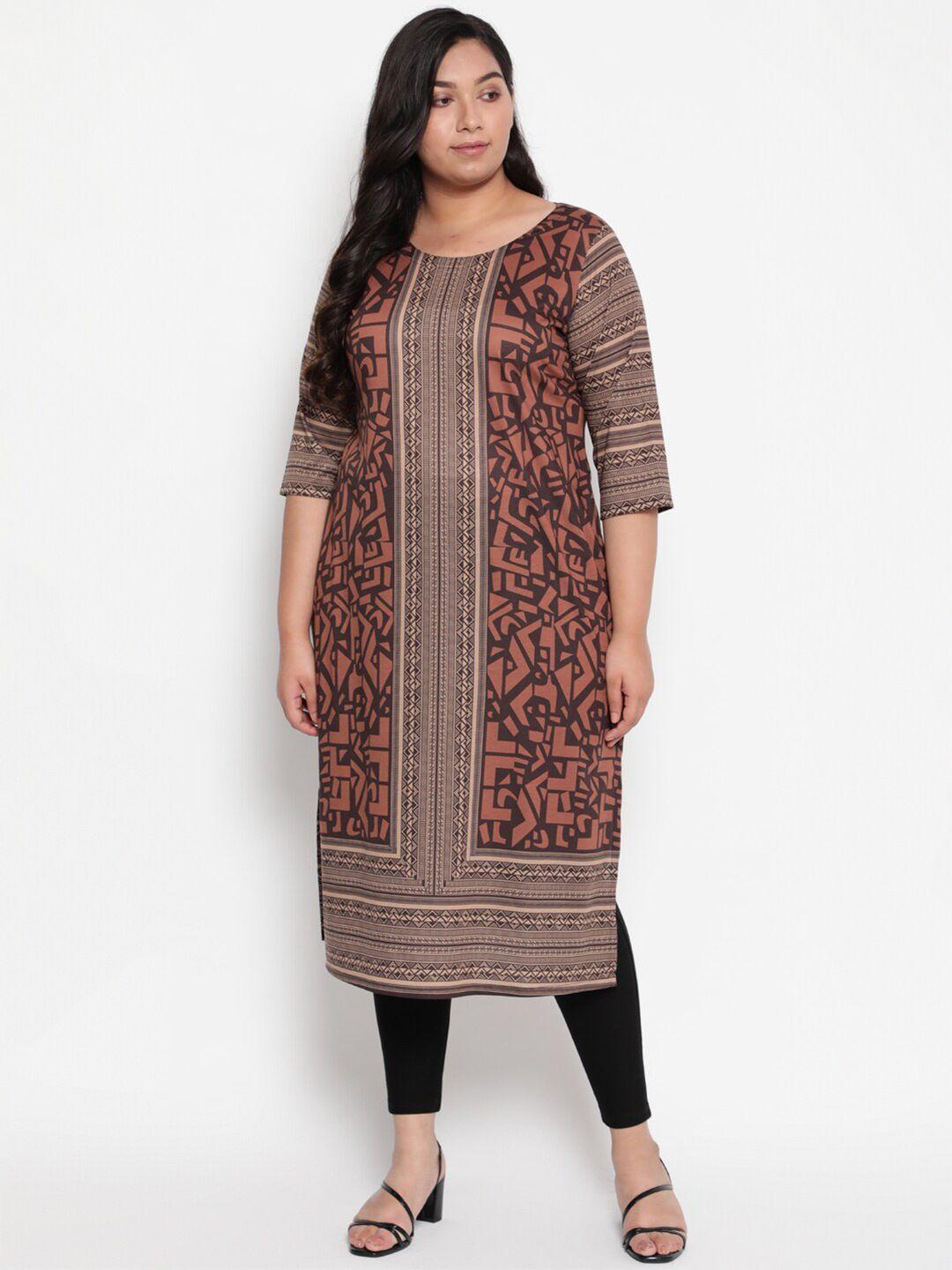 amydus women plus size brown & beige geometric printed kurta