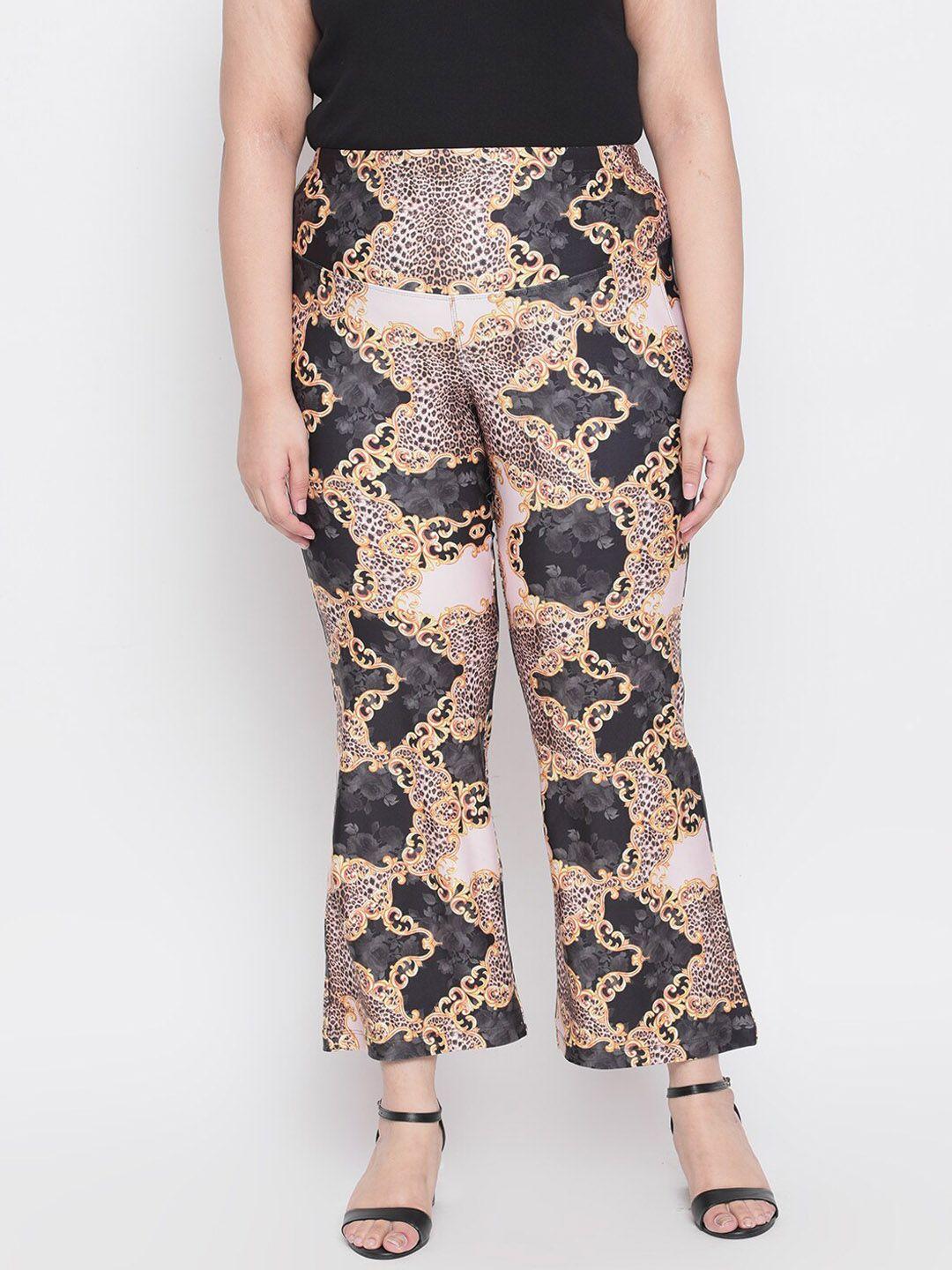 amydus women plus size brown & black scarf print flared trousers