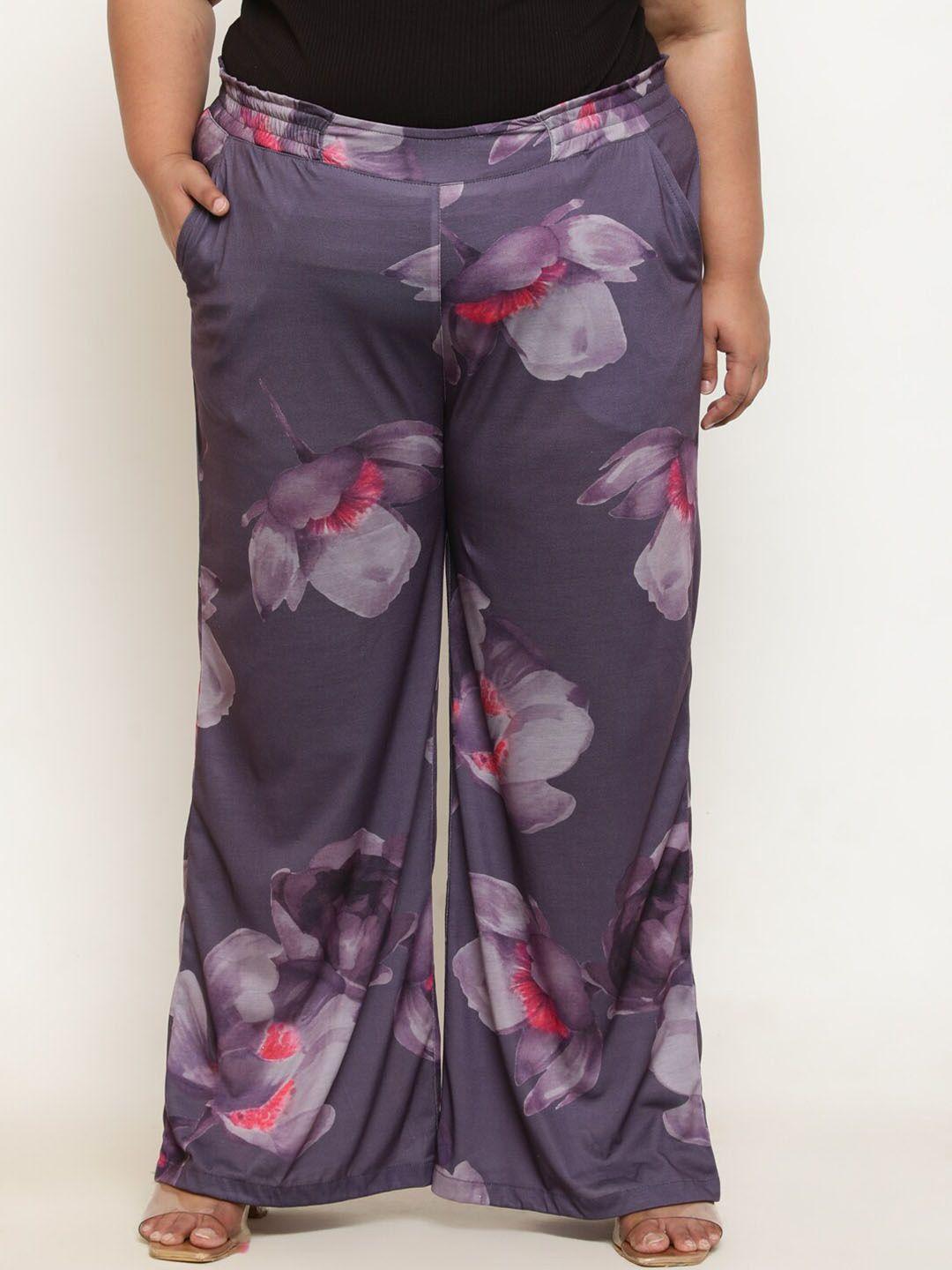 amydus women plus size floral printed flared high-rise parallel trousers