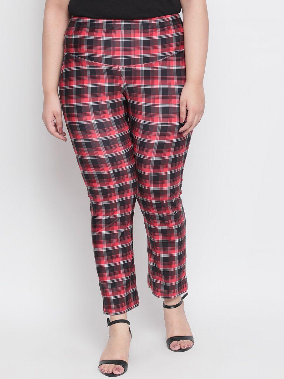 amydus women red checked straight fit trousers