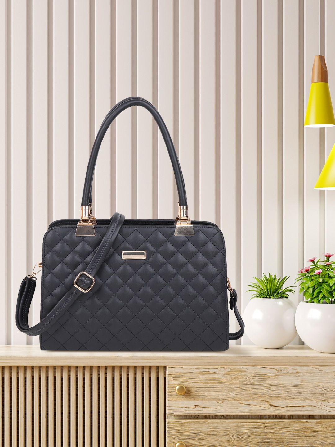 amyence black striped pu structured handheld bag with quilted
