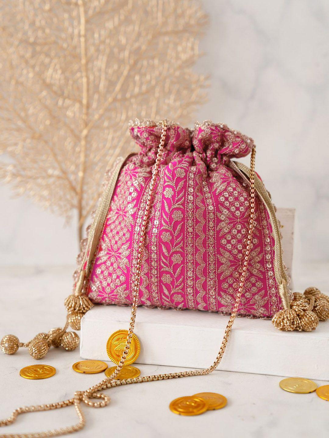 amyra pink ethnic motifs embroidered potli bag