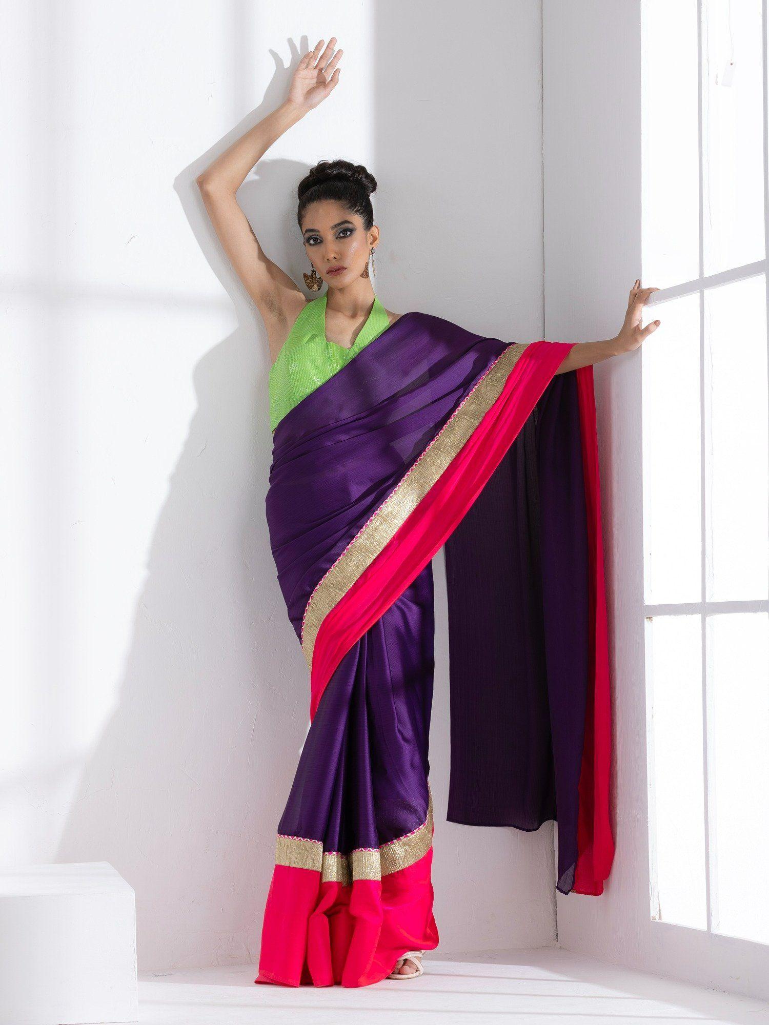 amythst chiffon saree & unstitched blouse with fuchsia satin border with lace