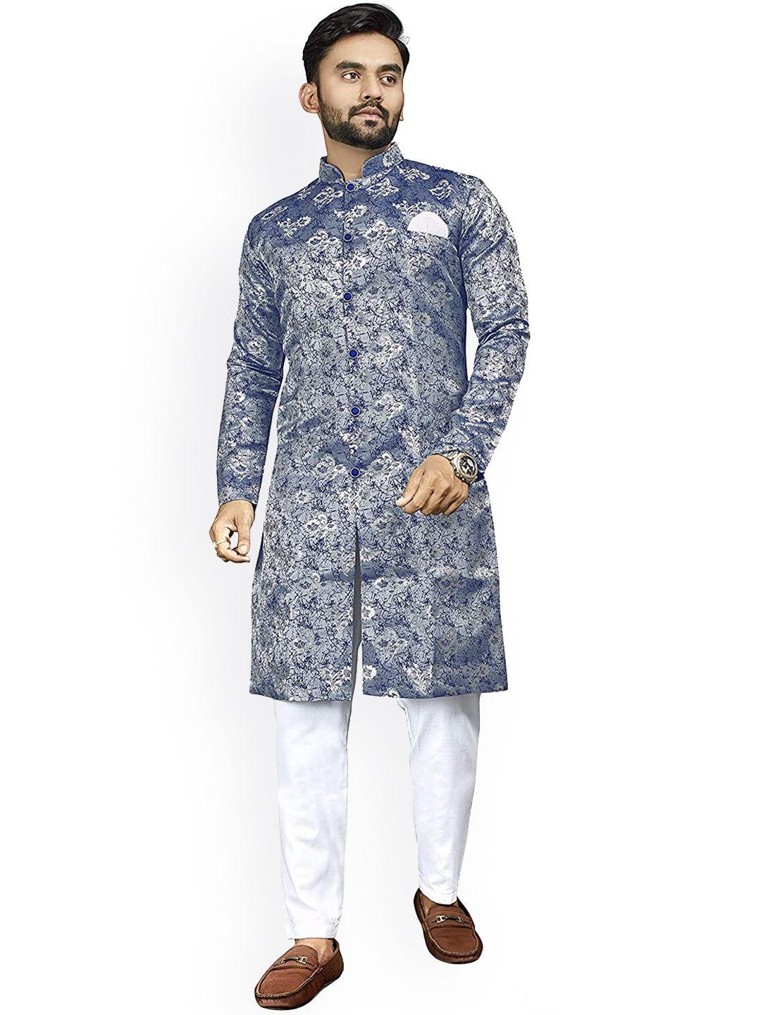 amzira men blue & silver printed sherwani