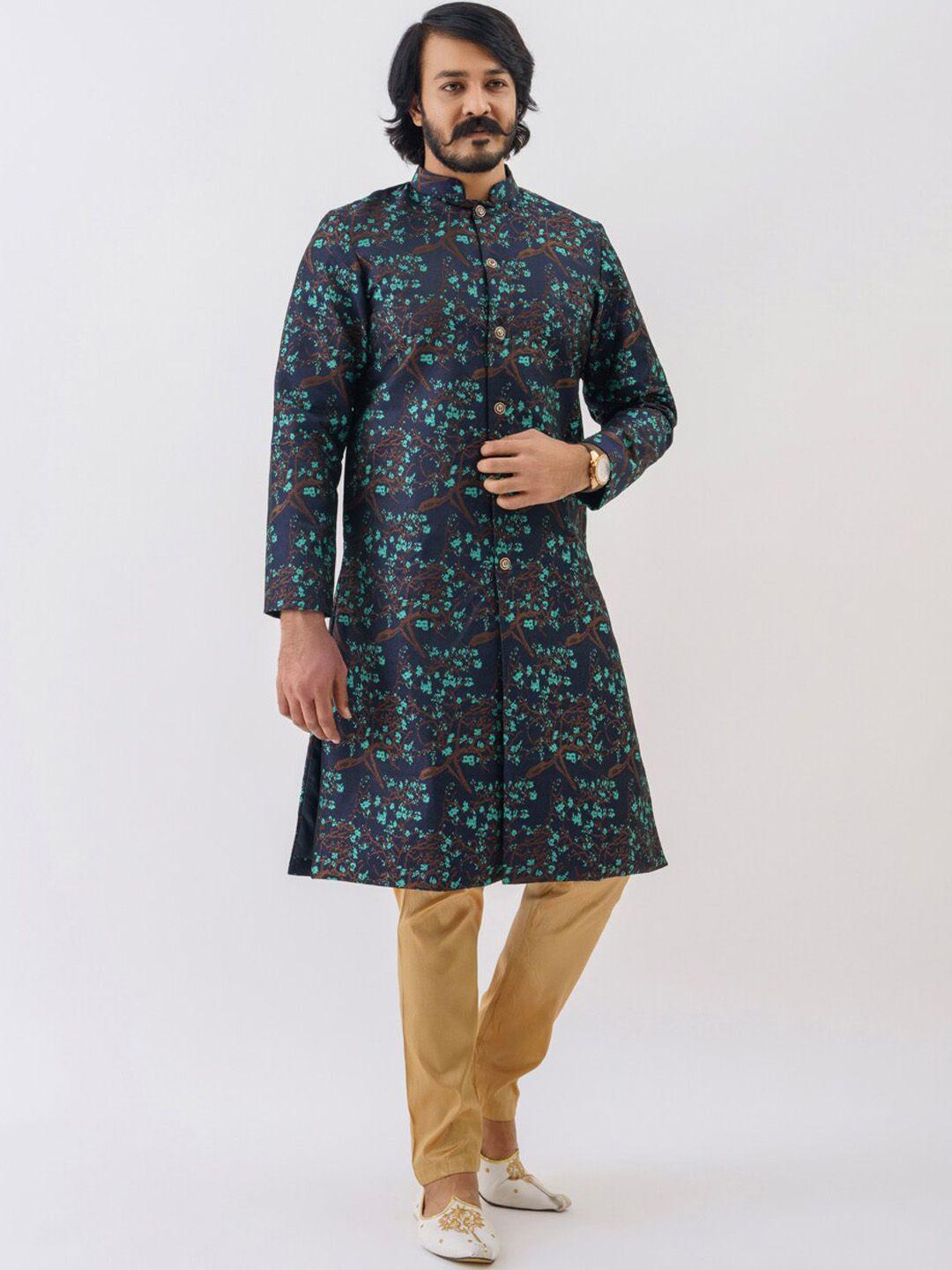 amzira men blue woven-design printed cotton sherwani