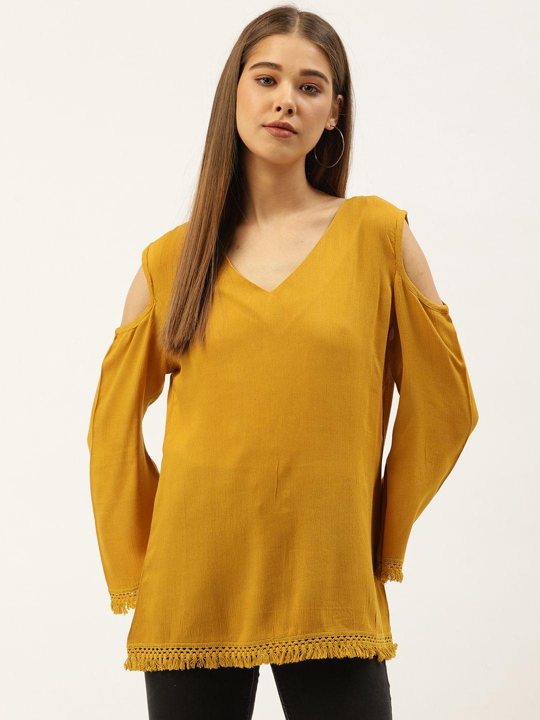 an episode women mustard yellow solid cold-shoulder top