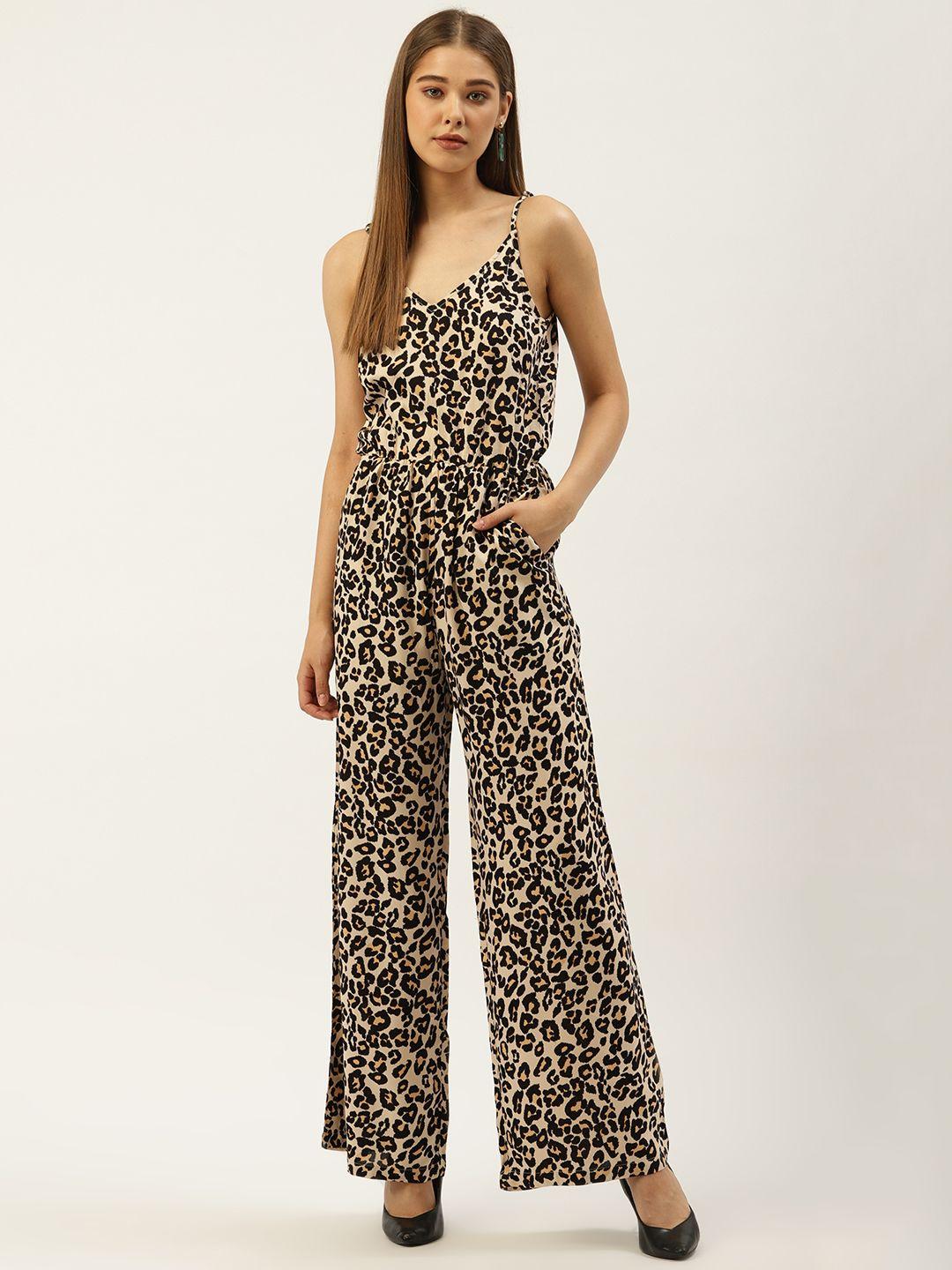 an episode women beige & black leopard print basic jumpsuit