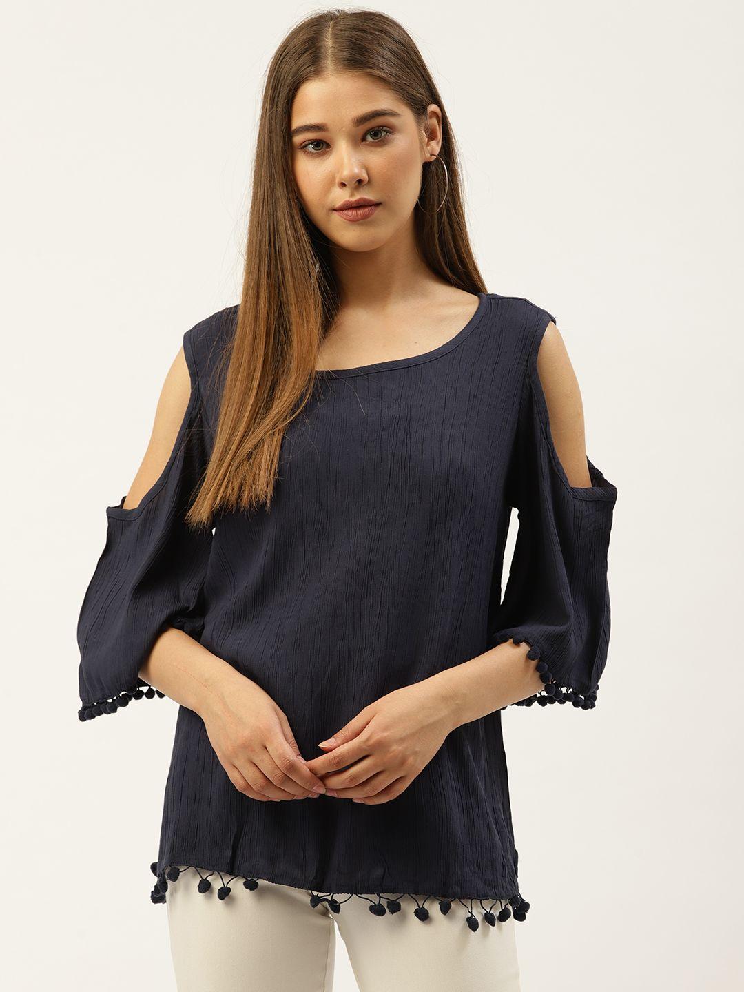 an episode women navy blue solid cold-shoulder top with pom-pom detail