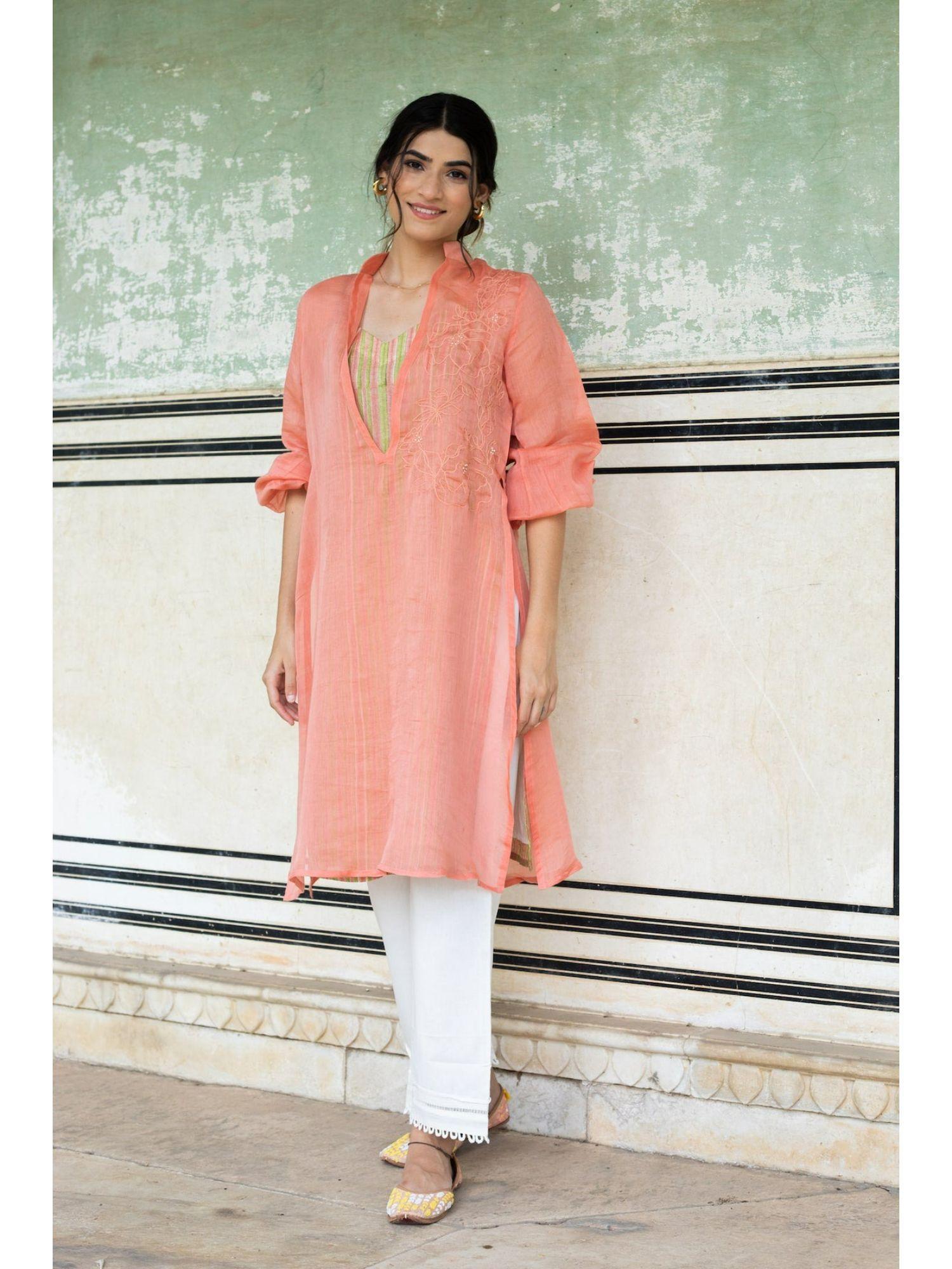 ana peach embroidered balloon sleeve kurta with pant (set of 2)