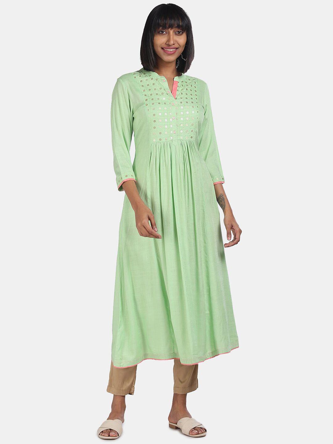 anahi women green embroidered flared sleeves kurta