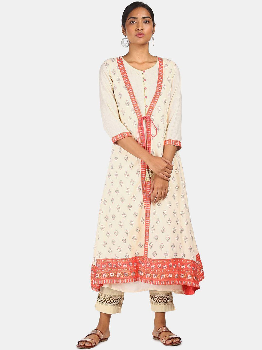 anahi women pink & off -white ethnic motifs printed a-line kurta with jacket